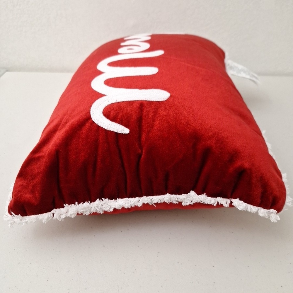 Silky Red Velvet Merry Christmas Pillow Stitched Script w/ Fringe 18" x 14" - Picture 6 of 11
